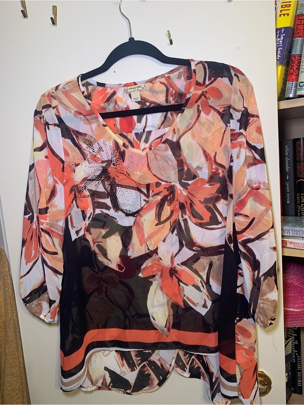 Semi-Sheer Floral V-Neck Blouse in Coral and Cream